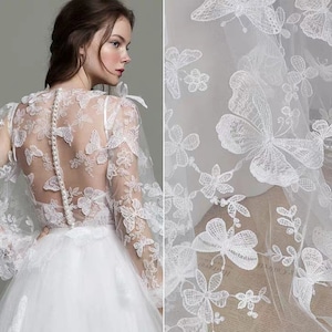 Illusion 3D Butterfly Tulle Lace Fabric in Off White, Sheer Tulle Embroidery lace for Bridal Dress, Ball Gown, Haute Douture, by 1 yard