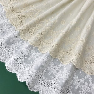 Vintage Style Embroidery Cotton lace fabric, Beige Eyelet Floral Lace, Scallop borders lace For Boho Beach Dress, Bridal Dress, by 1 yard