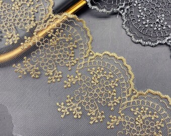 Vintage Gold Floral Embroidery Tulle Trim, Retro Gold Thread Lace, Scallop border for Wedding Dress, Lolita, Bridal Veil, Curtain Supply