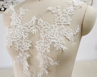 Bridal Lace Applique in Off White, Alençon Bodice Flower Applique For Epaulettes Lace Cap Sleeves, Bridal Veil, Wedding gown supply