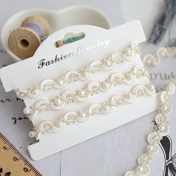 Delicate Acrylic Beads + Faux Pearls trim, Gold thread Bridal Trim, Pearl Beading Trim, 9 mm width, By 1 yard