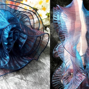 Vintage Blue Fairy Organza Lace Trim, Ombre Single Layer Pleated Elves Trim For Costume Apparel Design, Millinery, Sleeve, Fashion show