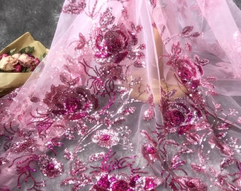 Sparkle Shinny Floral Applique Lace fabric in Hot Pink, Heavily Sequins Fabric for Prom, Grand Ceremony Gown, Evening Wear, Party Dress