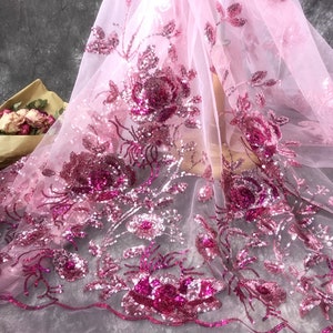 Sparkle Shinny Floral Applique Lace fabric in Hot Pink, Heavily Sequins Fabric for Prom, Grand Ceremony Gown, Evening Wear, Party Dress