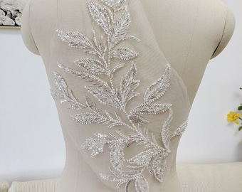 Leaf Branch lace Applique, Silver Sequins White Beads Bridal Bodice Applique For Ball Gown, Party Dress, Wedding Gown, Photography, 1 Par Par