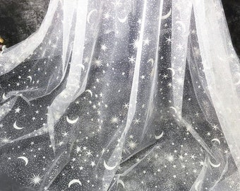 Sparkle Glitter Stars Moons Tulle Fabric, Galaxy Shinny lace for Party Decor, Evening Wear, Prom Gown, Bridal Veil, Wedding Dress, By 1 Yard