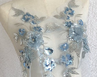 3D Flower Applique, Blue Sequins Embroidery Lace Applique, Bodice Applique For Wedding Dress, Flower Girl Dress, Ball Gown, By 1 Pair