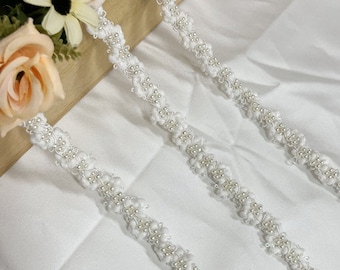 Ivory Pearls trim, Narrow beads ribbon, Off white Cord, For Crafts Design, DIY Crafts, Apparel Design,  By 1 yard