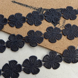 Black Venise Lace Flower Trim Applique, flower ribbon for Bridal, Gift Wrap, Applique, Sewing, Costume Design, by 2 yards