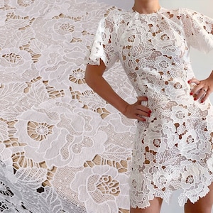 Large Rose Flowers Guipure Lace Fabric, Hollow Out Fabric, Bridal Lace Fabric For Wedding Gown, Party Dress, Haute couture