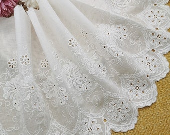 Chic Embroidery Flower Cotton Lace Trim in Off white, Eyelets scallop border trim, bridal trim, Wide cotton lace trim for Baby dress