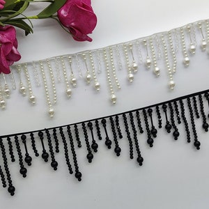 Ivory Pearls Beaded Trim, Tassel Lace Trim, Crystal Pearls Fringe Trim For Crafts, Houte Couture, Lampshade Cover, Curtain supply