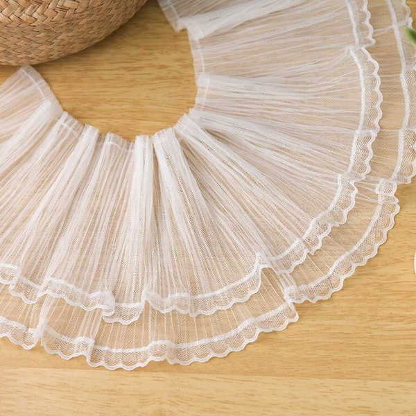 2 Layers Soft Pleated Tulle lace trim, Scallop border Lace Trim, Ruffled Trim for Custom Design, DIY Crafts, Sleeves, Cuff, Lace ollar