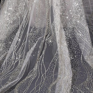 Print sparkle Glitter Overlay Tulle lace fabric, Wave pattern mesh fabric For Birthday Party Decor, Wedding Veil, Bridal Gown, 1 Yard