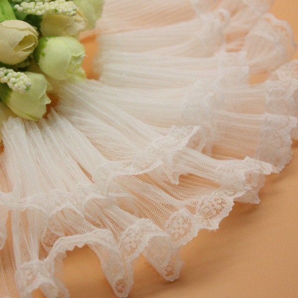 Lovely 2 Layers Soft Pleated Tulle lace trim, Ruffled Trim for Custom Design, DIY Crafts, Sleeves, Cuff, Lace Collar,  Birthday Baby Tutu