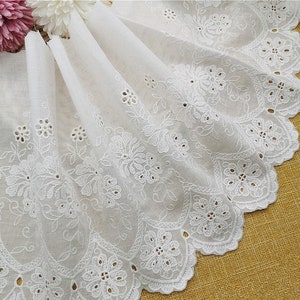 Chic Embroidery Flower Cotton Lace Trim in Off white, Eyelets scallop border trim, bridal trim, Wide cotton lace trim for Baby dress