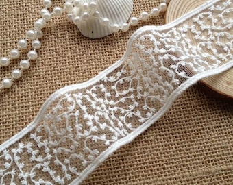 Off White Cotton Embroidery Tulle Lace Trim for Jewelry Supplies, Bridal Supplies, By 2 Yards