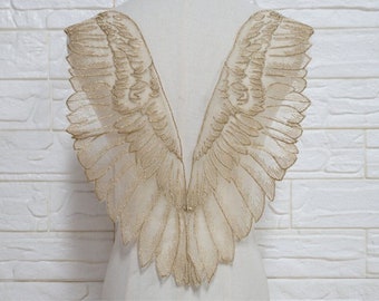 Organza Wings Lace Applique in Gold , Sheer Angel Wings Lace Applique, Embroidery pair For Dance Dress, Costume, Clothing