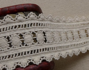 Beige Cotton Lace Trim, Antique Crochet Cotton Lace Fabric Trim, Ecru Cotton Lace 2.16" wide, By 2 Yards