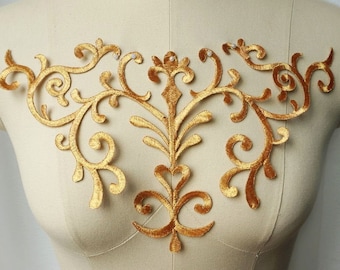 Vintage Gold Venice Lace Applique, High Quality Embroidery Silver Bodice Appliques For Pageant gown, Party Dress, Evening Prom, Ball, 1 pcs