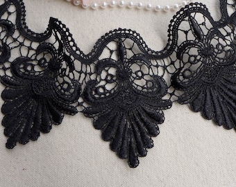 Lace Trim, Black Venice Lace Fabric with Scalloped Trim For Bridal, Clutch bags, Applique, Dresses, Sashes, Sewing, Crafting, by 2 yards