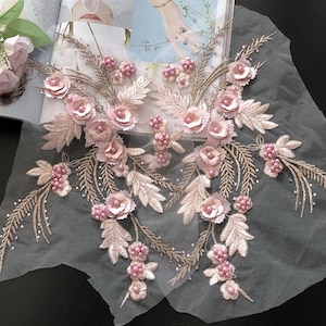 Delicate Wedding lace Applique, Beaded Applique, 3D Flowers Bodice Lace Appliques, Bridal Wedding Applique Trim, 1 Pair