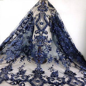 Navy Blue Sequins Beaded Lace Fabric, High End Embroidery Wedding Lace, Retro Bridal Lace Fabric for Haute couture, Wedding gown, by 1 Yard