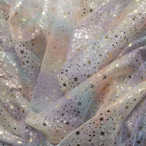 Sparkle Ombre Print Gold Stars lace, Dense Stars Overlay Tulle Fabric For Kid's Dress, Evening Dress, Tutu, Princess Dress, 1 yard