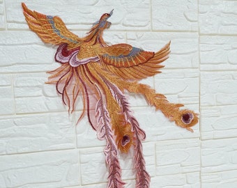 Big Phoenix tulle Lace Applique, Colorful Sew on patch, Embroidery patch for Evening Dress, Costume design,  Jacket, Jeans, Backpack, 1 pcs