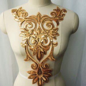 Sparkle Gold Sequins Lace Applique, Vintage Embroidery Large Bodice patch For Pageant gown, Party Dress, Evening Dress, Ball Gown