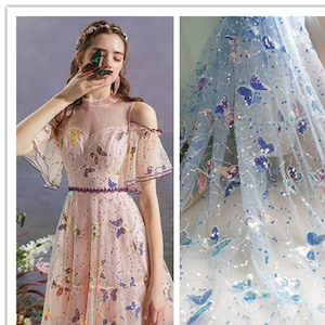 Ombre Sequins Butterfly lace Fabric, Gradient Sequined tulle lace fabric for Prom Dress, Party Dress, Beach Dress, Flower Girl dress, 1 Yard