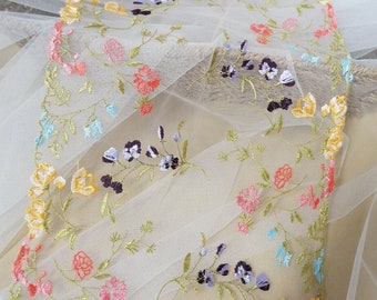 Colorful Wild Flowers Applique Embroidery Lace Trim, Light Brown tulle trim for Toddle Dress, DIY Crafts, Curtain Hem, BJD Doll, By 1 Yard