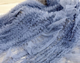 High end pleated layers lace fabric in dusty blue,  Ruffled mesh lace trim For Cupcake dress, Evening ball gown, Wedding, by 1 yard
