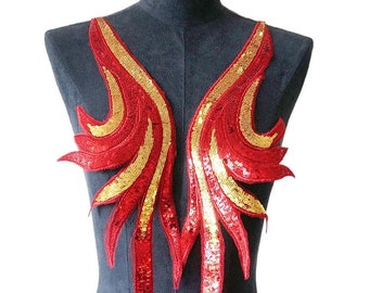 Two tones Red+ Gold Sequins Lace Applique, Metallic Embroidery Bodice patch For Pageant gown,Party Dress, Competition dance costumes, 1 Pair