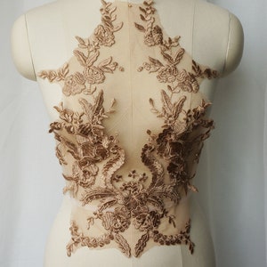 Exquisite Venice applique in Bronze, Delicate Bodice Applique, Wedding Lace Applique, Bridal Lace Applique For Evening Wear, Dance Prom