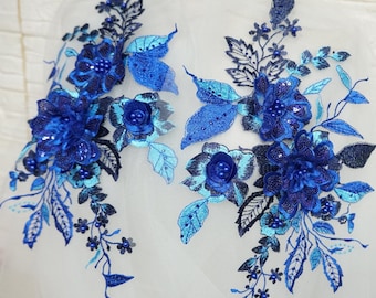 Royal Blue applique, Beaded lace applique, 3D bridal lace applique, blue lace applique for Bodice gown, Evening Wear, 2 pcs
