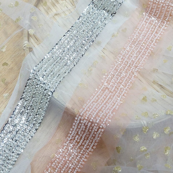 Peach Pink  Beaded Mesh lace trim, Silver beads lace trim for Weddings, Bridal Sashes, Jewelry Supply, DIY Crafts, By 1 yard