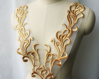 Premium Gold Venice Lace Applique, Retro Heavily Embroidery Appliques For Pageant gown, Party Dress, Evening Dress, Dance Dress, by 1 pcs