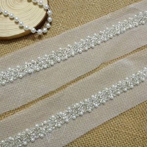 Beautiful Ivory Beaded Trim on Mesh for Bridal Belts Sashes Trim Embellishment beaded, 1.8 Yard Long