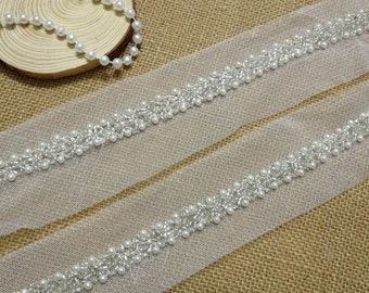 Beautiful Ivory Beaded Trim on Mesh for Bridal Belts Sashes Trim Embellishment beaded, 1.8 Yard Long