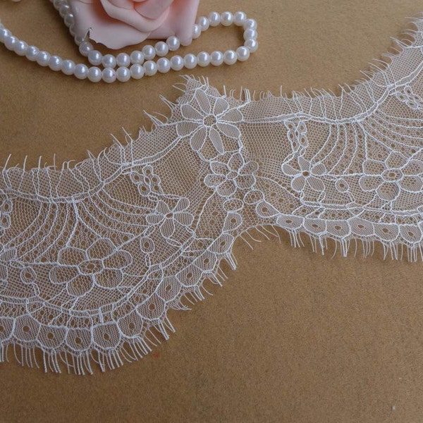 Off WHITE Chantilly Lace with Scalloped edge For Mantilla veil, Wedding Gown, Face mask, Altered couture, 3 yards