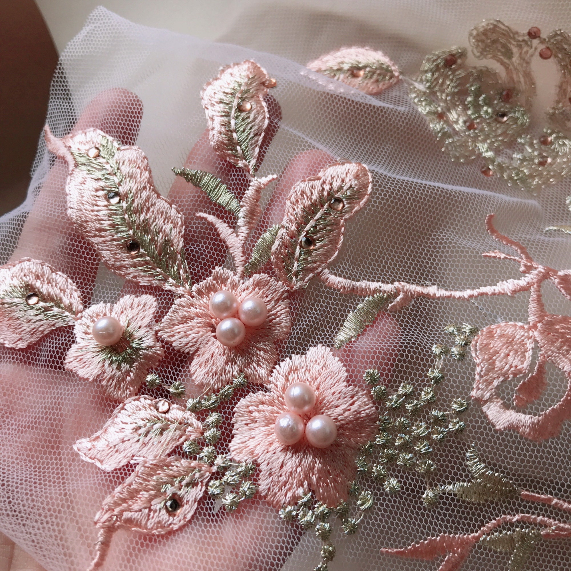 3D Flower Blush Pink Applique with Pearls