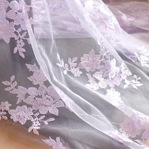 Lavender Lace Fabric, Embroidery Lace Fabric, Lavender Gauze Lace, Tulle wedding Lace 51" Width Fabric, By 1 yard