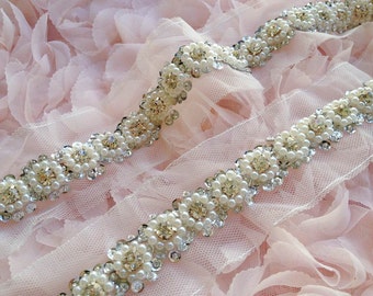 Rhinestone Trim and Ivory Pearl with Sequins Beaded Trim for Bridal,  Wedding Sash, Belts, Jewelry, by 1 yard