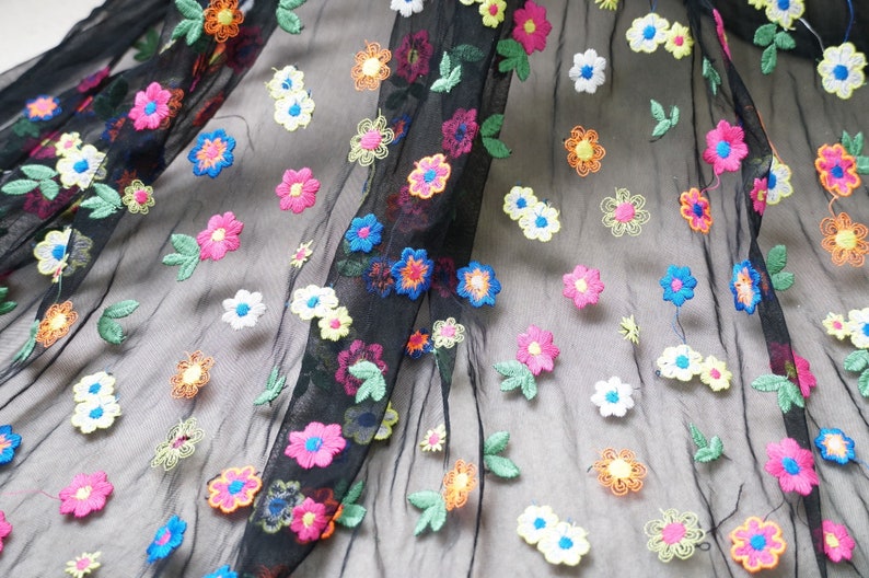 Colorful Flowers Lace Fabric, Soft Tulle Lace Fabric, Embroidered lace for Summer Dress, Tutu Dress, Garden Dress, Veil, By 1 Yard Black