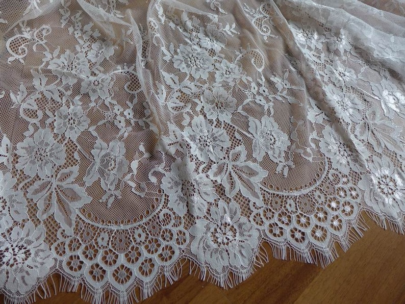 White chantilly lace bridal lace fabric eyelash lace | Etsy