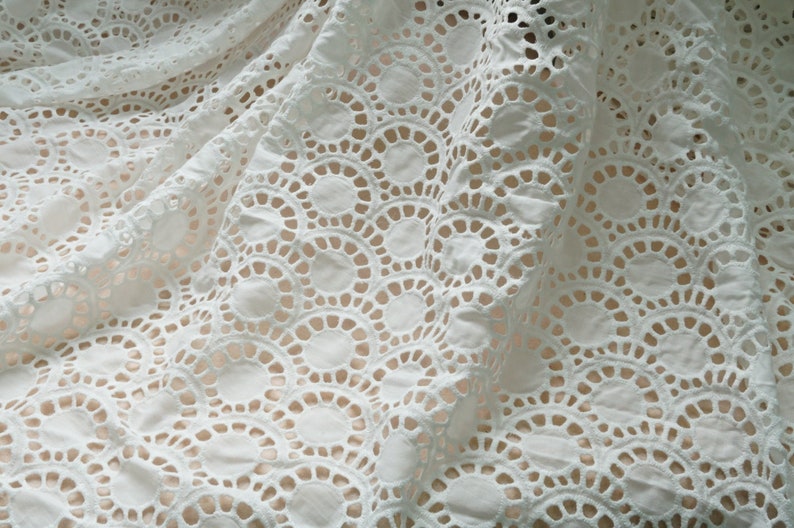 Scallop Pattern Pure cotton lace for Boho Dress Vintage Cotton Eyelet Flower Lace Fabric in Off white Girl Dress Tablecloth or Curtains
