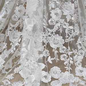 Delicate Embroidery Floral Lace Fabric in off white, Embroidered Floral Overlay lace For Bridal Gown, Wedding Dress, Prom, Backdrop, 1 yard