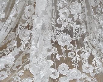 Delicate Embroidery Floral Lace Fabric in off white, Embroidered Floral Overlay lace For Bridal Gown, Wedding Dress, Prom, Backdrop, 1 yard