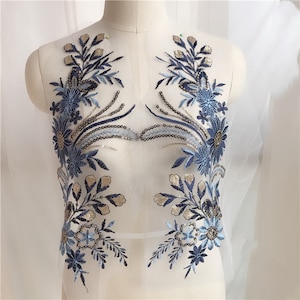 Dunkelblaue Stickdatei Blume Spitze Applikation Paar, Schwarze Pailletten mit Gold puder Funkeln Kreise oben, Für Braut Bolero, Korsett, von 1 Paar